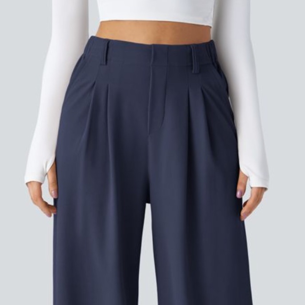 Wide Leg Navy Trousers - Classic High-Waist Pants - Picture 10 of 12